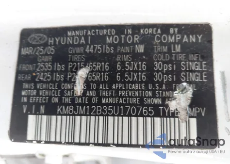 2005 Hyundai Tucson Gl из США, поврежденный, VIN KM8JM12B35U170765